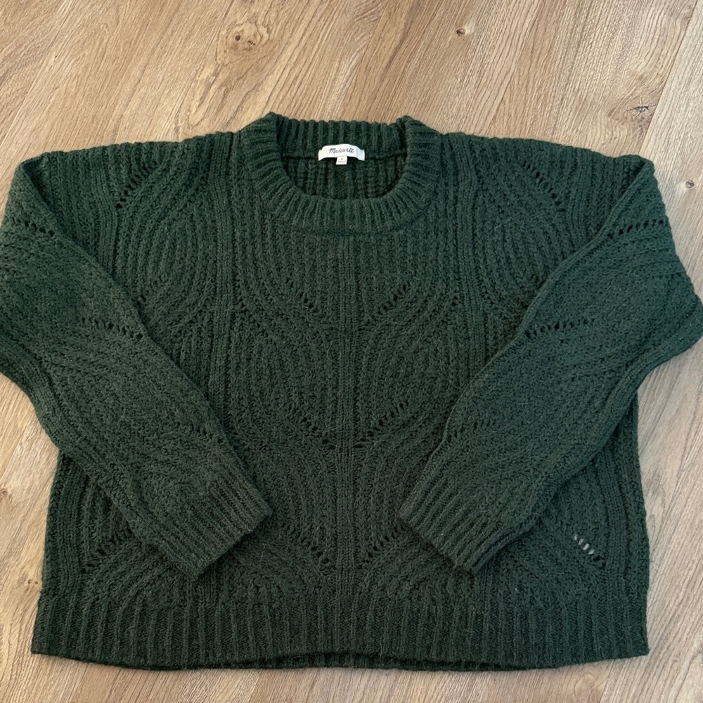Madewell Forest Green Cable Stitch Crewneck Sweater